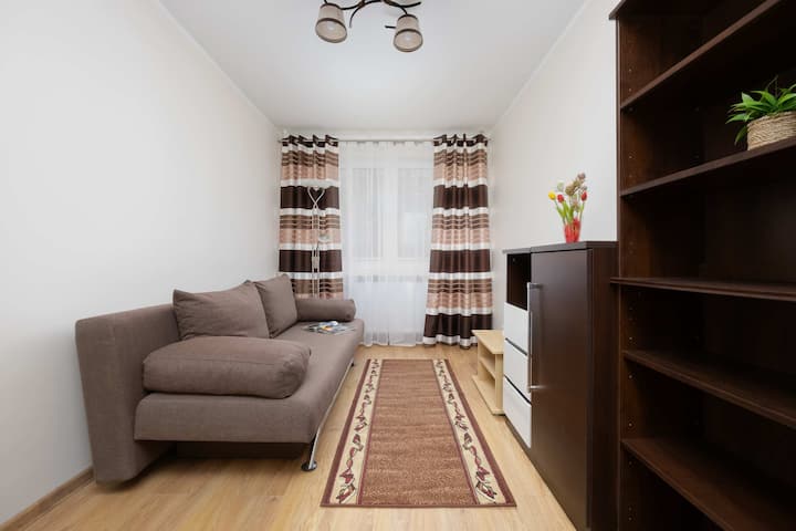 Мал простор за седење со беж фотелја, шарен тепих и висока, темнокафеава полица за книги која обезбедува доволно простор за складирање.