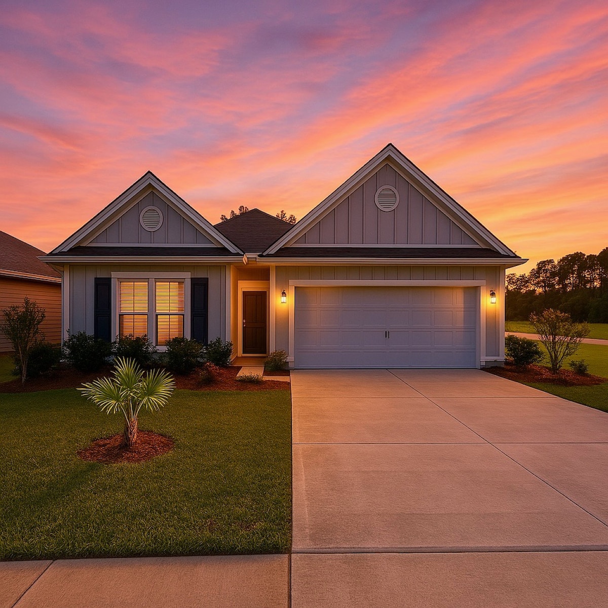A charming exterior of a single-story home is highlighted against a vibrant sunset sky. The welcoming entrance features bright blue shutters and elegant porch lights. A manicured lawn with decorative shrubs and a small palm accentuates the driveway, leading to a spacious two-car garage.