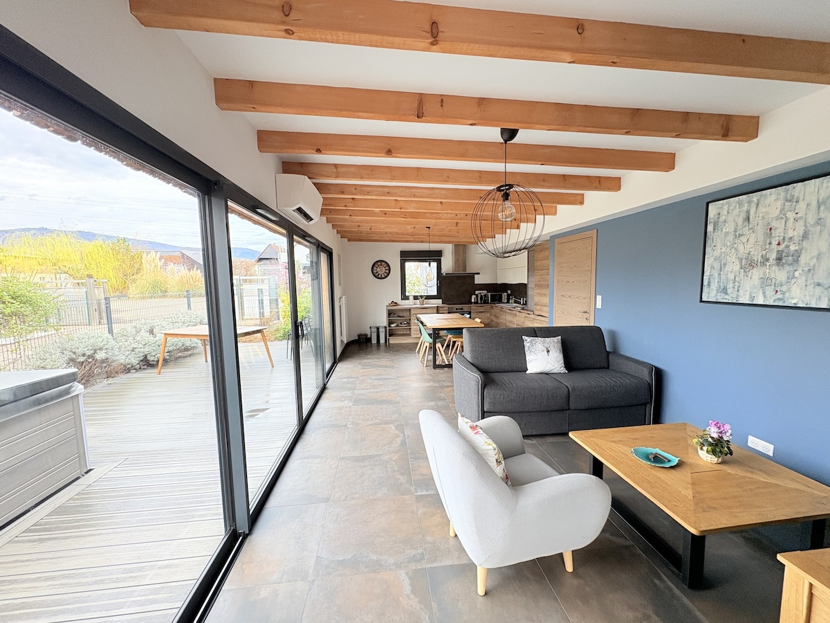 Sebule yenye kiyoyozi na jiko lenye kitanda cha sofa 