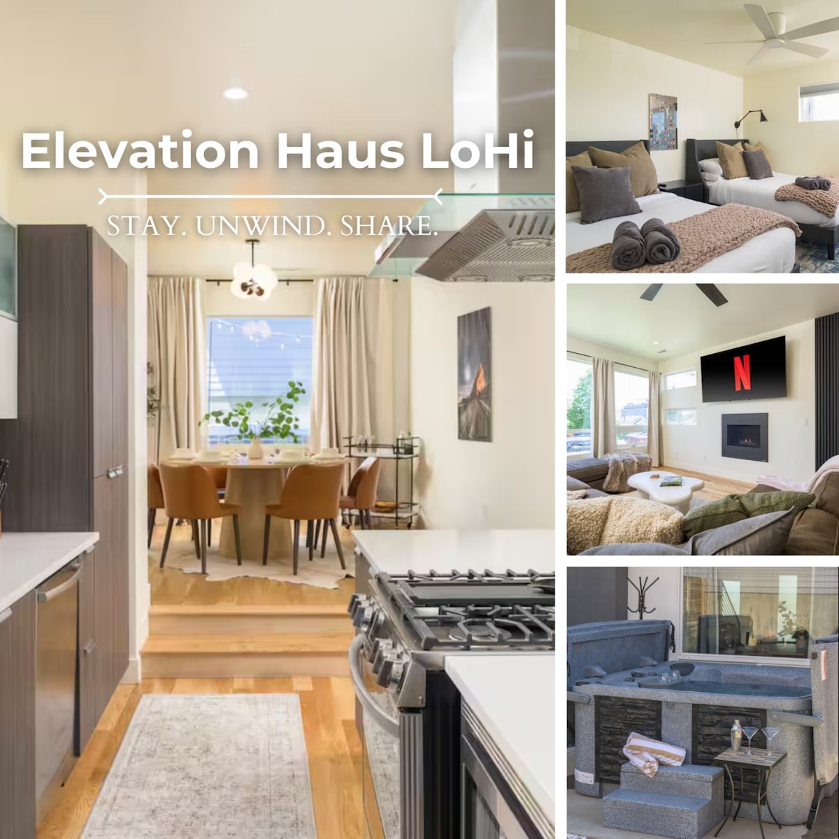 The modern kitchen showcases sleek appliances and stylish finishes, connected to the dining area with a round table and four chairs. The lounge features a comfortable seating arrangement with a smart TV above a cozy fireplace, complemented by natural light from windows.