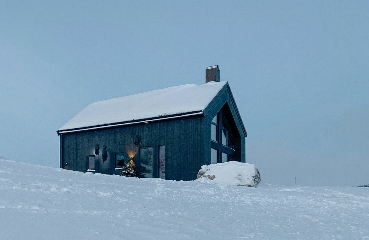 A modern cabin structure is set against a snowy landscape, featuring a sloped roof and large windows that reflect the winter light. The blue exterior contrasts with the white snow, creating a serene mountain retreat in the heart of winter.