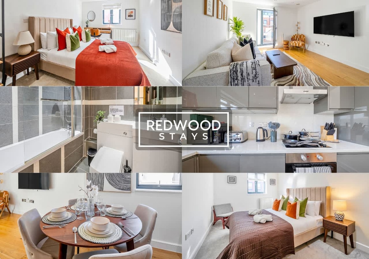 A collage highlights key areas of the apartment. The living room features a comfortable sofa and Smart TV. A modern kitchen showcases high-quality appliances. The bedroom presents inviting bedding. A bathroom with a bathtub is included, alongside a dining table set for four.