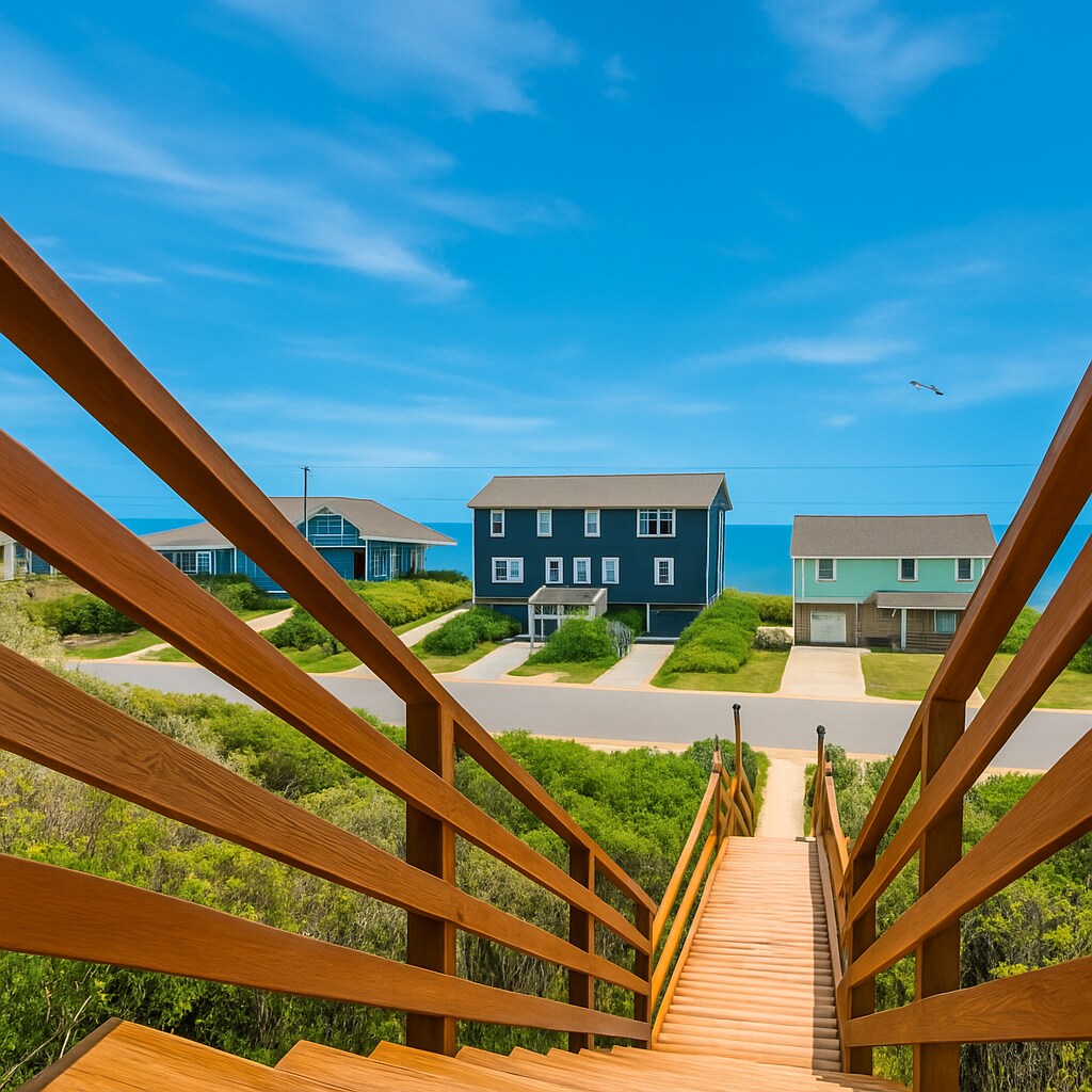 A wooden staircase leads down towards the beach, framed by greenery. The scene reveals several coastal homes positioned along a tranquil road, with ocean views visible in the distance under a clear blue sky.