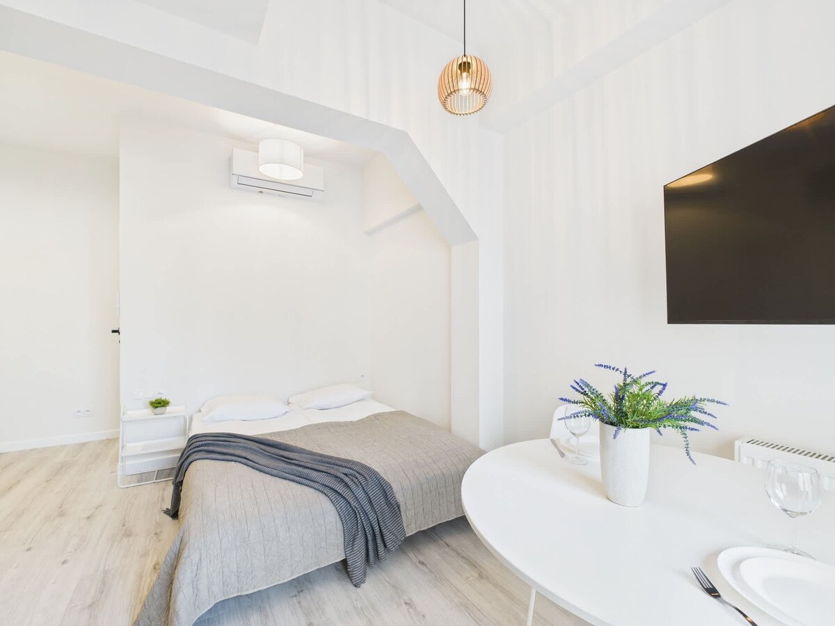  סלון מסוגנן עם מיטה, טלוויזיה וקירות לבנים בהירים. עיצוב הפנים מודגש על ידי צמחים בתוך הבית ועיצוב פשוט.