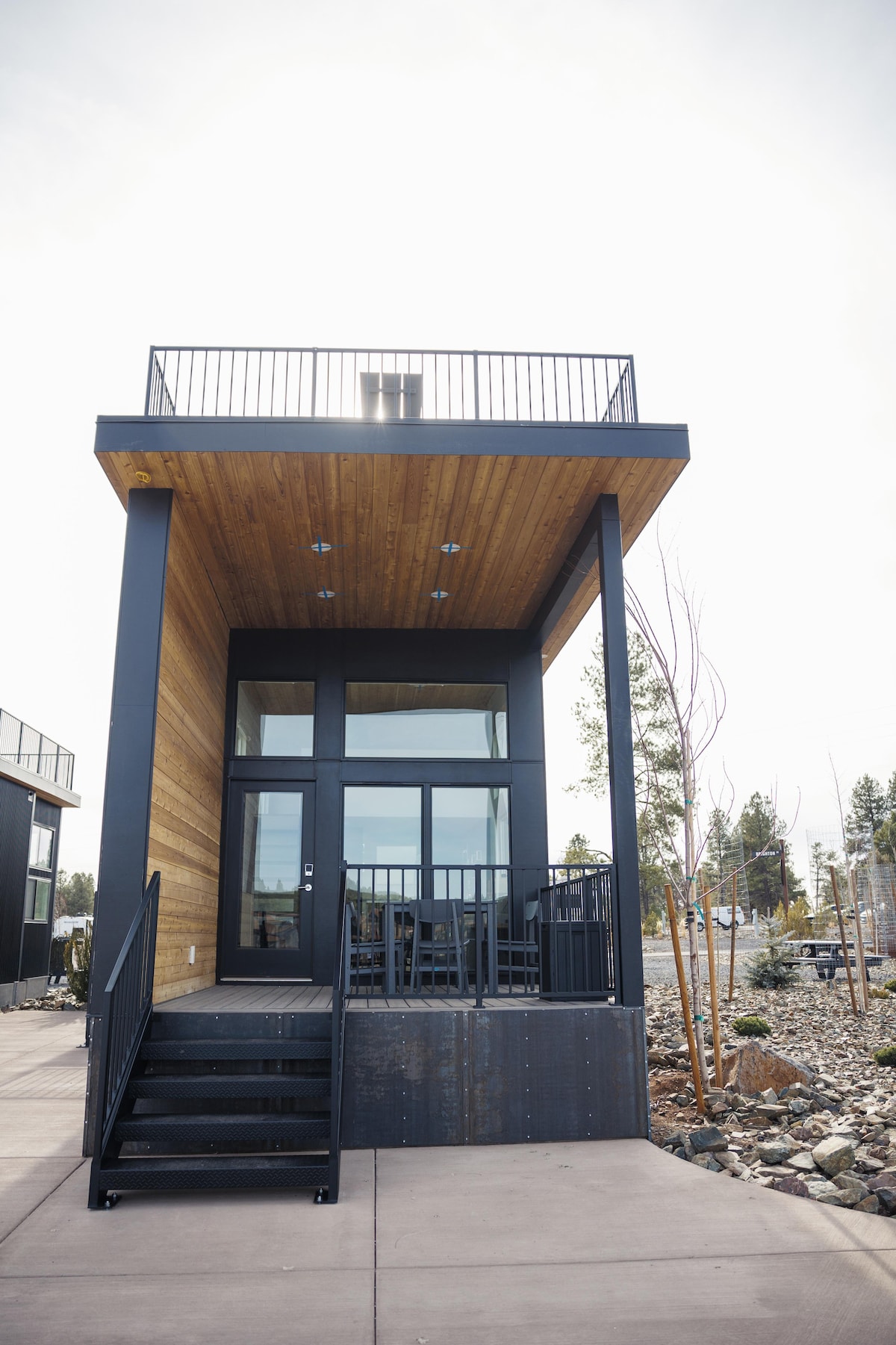 A modern cabin exterior features a blend of dark siding and wood accents. A spacious rooftop deck is accessed by a set of stairs, with large windows allowing natural light to fill the entryway. The surrounding landscape includes minimal rock features and young trees.