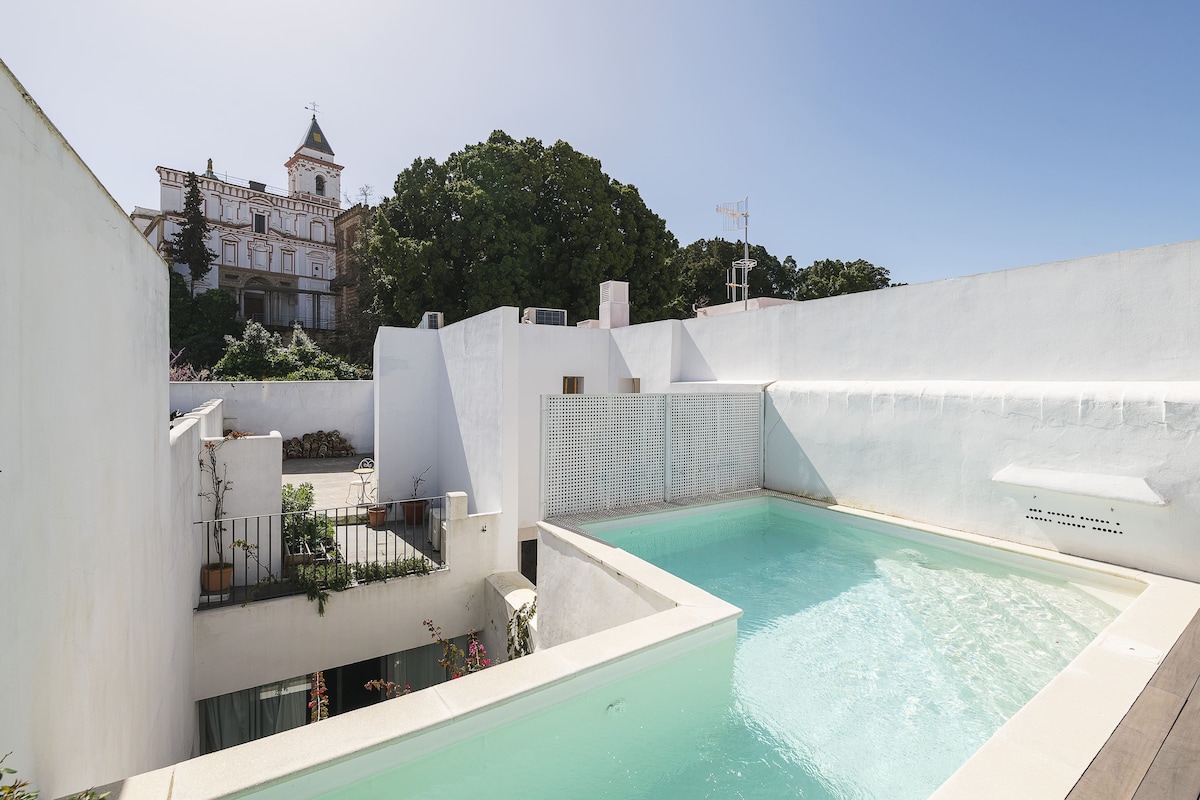 A rooftop area features a tranquil saltwater pool, bordered by white walls. The clear water invites relaxation, while greenery is visible in the background. A structure with decorative elements stands in the distance, contributing to the serene atmosphere.