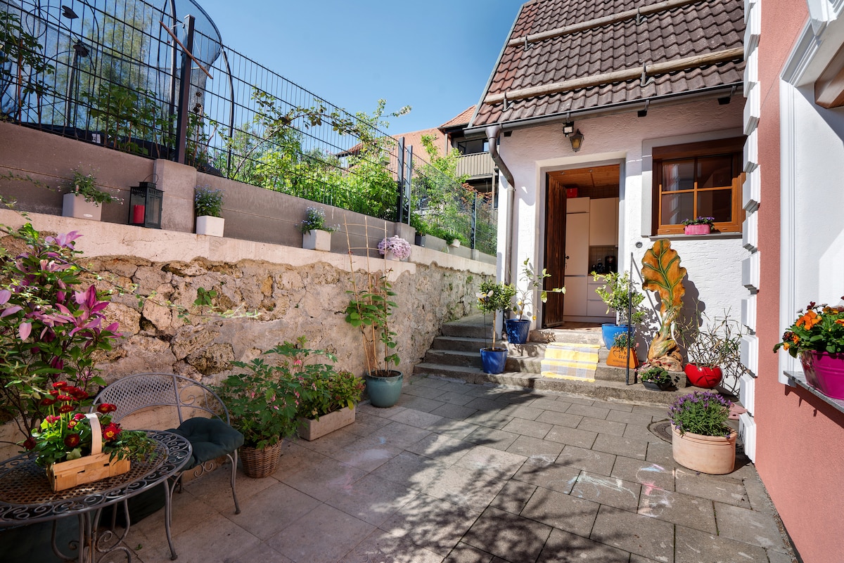 A quaint outdoor area is framed by a low stone wall, featuring eight planters with various plants and flowers. A small round table is set with two chairs, positioned on a paved surface. A door leads into the interior space, complemented by a bright sky above.