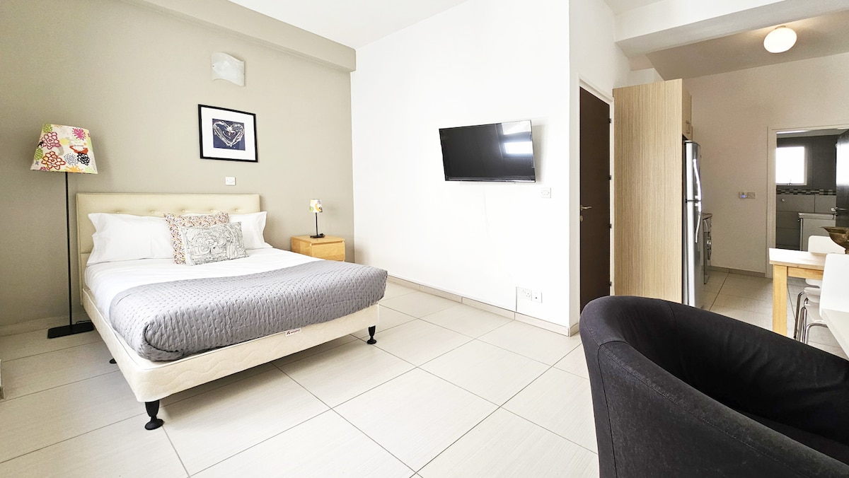 A studio apartment is shown, featuring a spacious double bed with neutral bedding. A small bedside table with a lamp is positioned beside the bed, and a wall-mounted TV is visible across from it. Light-colored walls and tiled flooring enhance the modern ambiance.