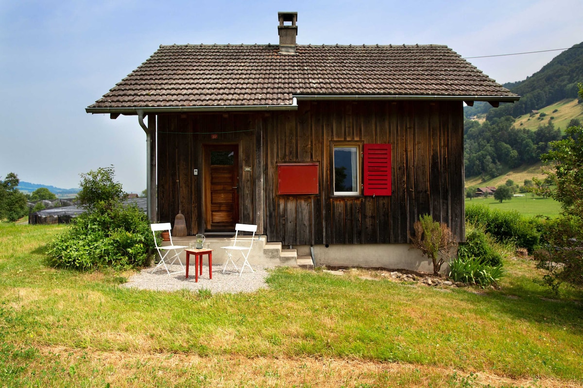 A chalet with a rustic wooden exterior is framed by lush greenery and gentle hills. In front, a small patio features two white chairs and a red table, inviting relaxation in a tranquil outdoor setting. Red shutters provide a pop of color against the natural tones.