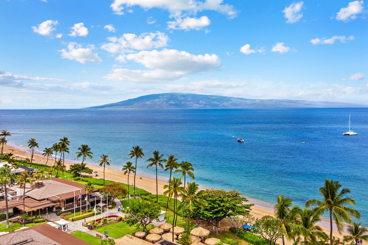 An expansive view of the Pacific Ocean is captured, showcasing calm blue waters and distant island silhouettes. Palm trees line the shoreline, while sandy beaches invite relaxation. The sky displays scattered clouds, allowing sunlight to gently illuminate the coastal landscape.
