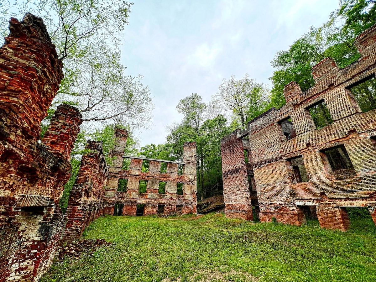 Historic ruins are surrounded by lush greenery, featuring remnants of brick structures partially covered in moss. Tall trees rise around the site, and patches of grass cover the ground. The sky is overcast, providing a serene atmosphere highlighting the architectural remnants.