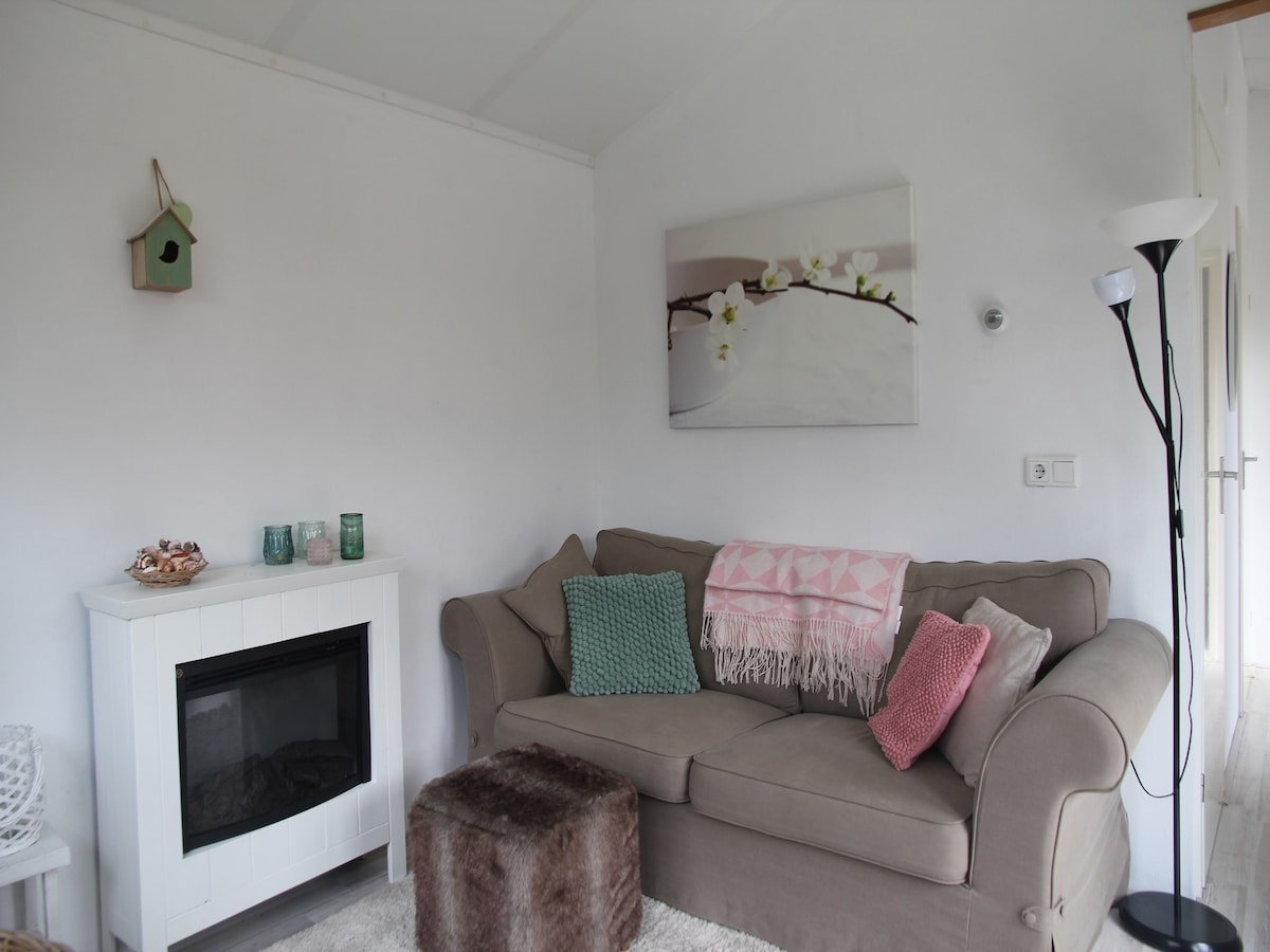 A cozy living area features a comfortable sofa adorned with cushions in varied colors. A decorative throw is casually placed over one arm, while a modern white fireplace adds warmth. Wall art depicting floral designs is displayed above the sofa, enhancing the tranquil ambiance.