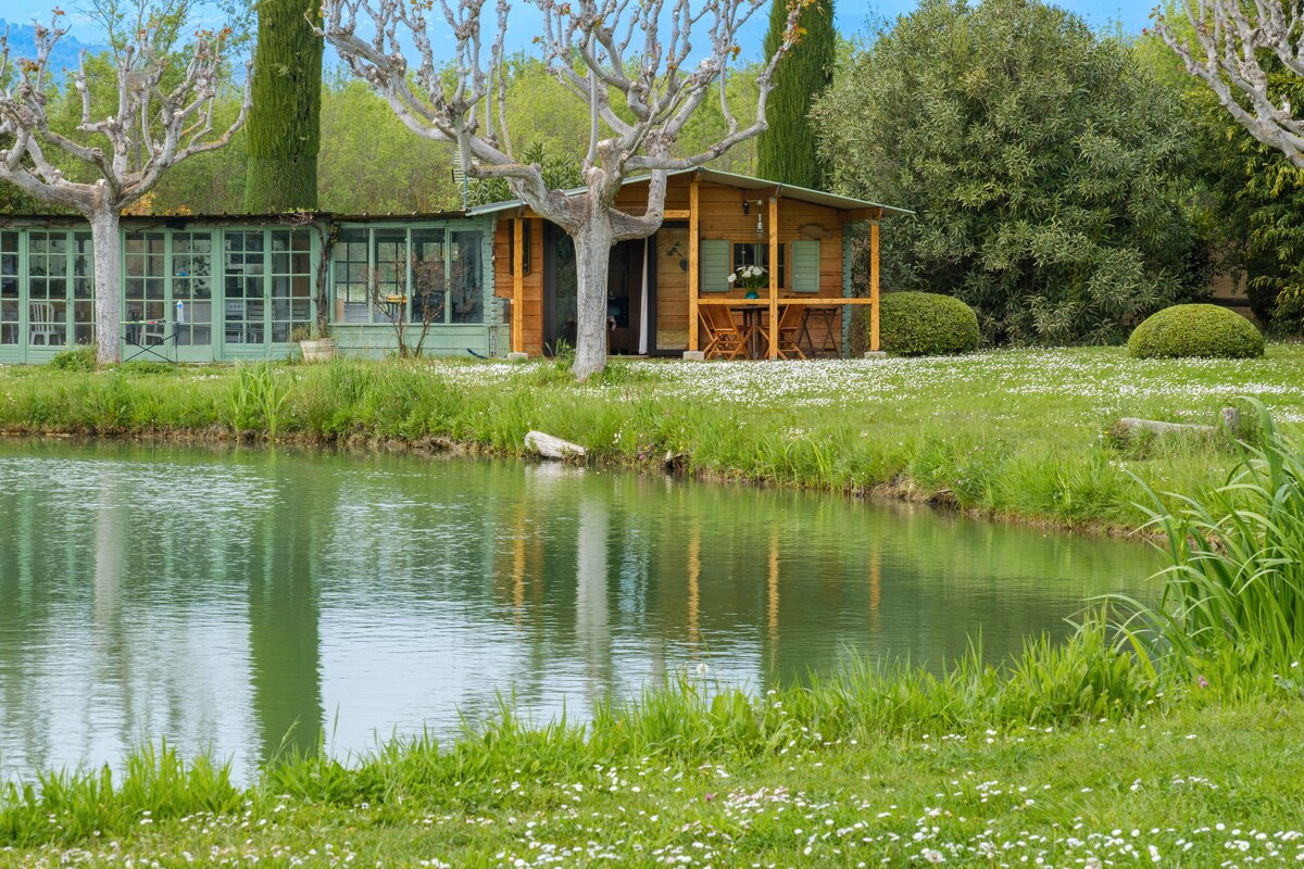 A wooden chalet with large windows is positioned beside a tranquil lake, surrounded by lush greenery and flowering grass. Trees line the edge of the water, providing shade and enhancing the serene landscape. The peaceful scene invites relaxation and connection with nature.