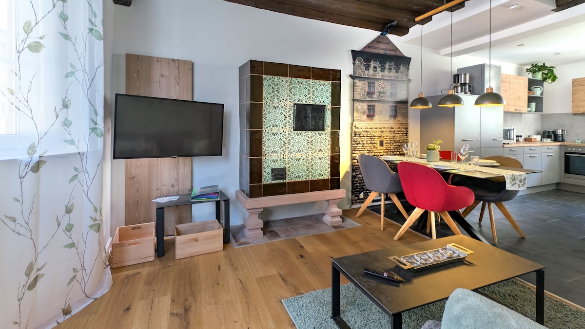 The living area showcases a comfortable seating arrangement with a red and gray chair, paired with a large table set for dining. An antique green-tiled stove is prominently featured, alongside a modern kitchenette visible in the background.
