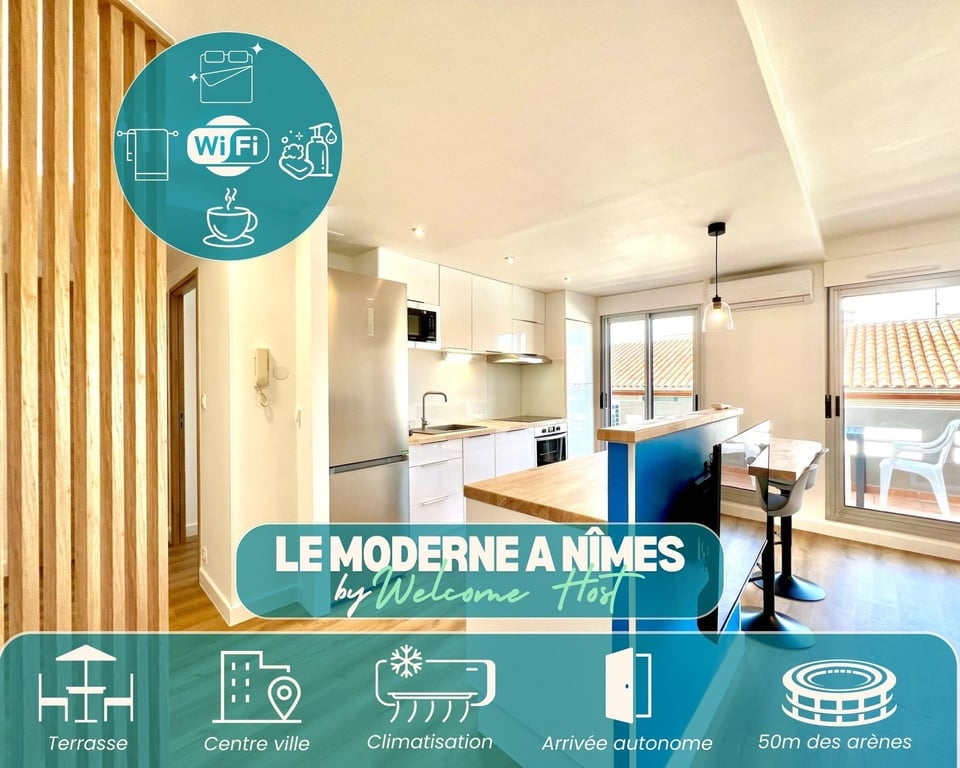 A modern kitchen area featuring sleek cabinetry and amenities, with an open layout that connects to a bright living space. Large windows provide natural light, and a terrace is visible through the glass doors, enhancing the indoor-outdoor flow.