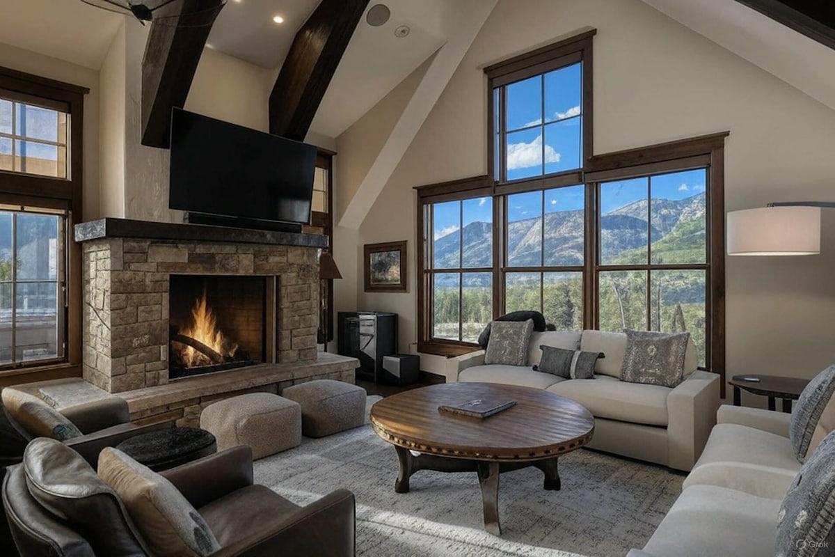 The open-concept living area features a stone gas fireplace framed by large windows that provide expansive views of the surrounding mountains. Comfortable seating arrangements include a sectional sofa and armchairs, with a central coffee table adding to the inviting atmosphere.