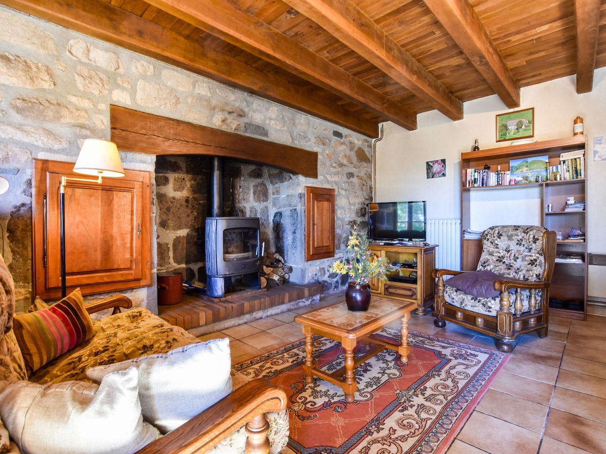 A living room features a cozy fireplace set against a stone wall. Comfortable seating options include a floral-patterned armchair and a cushioned loveseat. A wooden coffee table sits on a decorative rug, while a TV is positioned on a cabinet in the corner, surrounded by shelves.