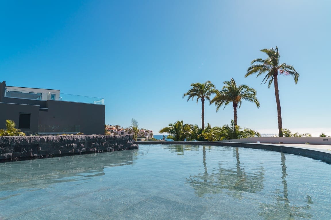 A tranquil swimming pool reflects the clear blue sky, surrounded by lush palm trees. The inviting water creates a serene atmosphere, while the modern architecture of the nearby building enhances the calming environment.