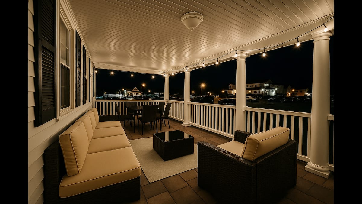 The wraparound porch in the evening, furnished for lounging with string lights overhead
