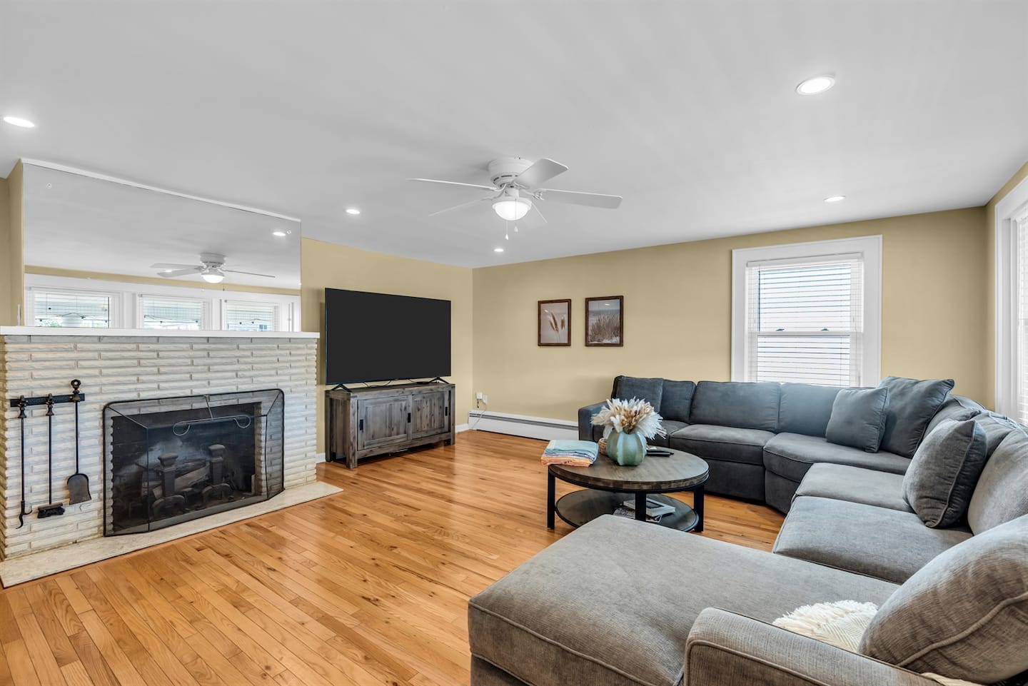 Sink into the oversized sectional for movie night on the 75-inch TV with plenty of space for the whole family.