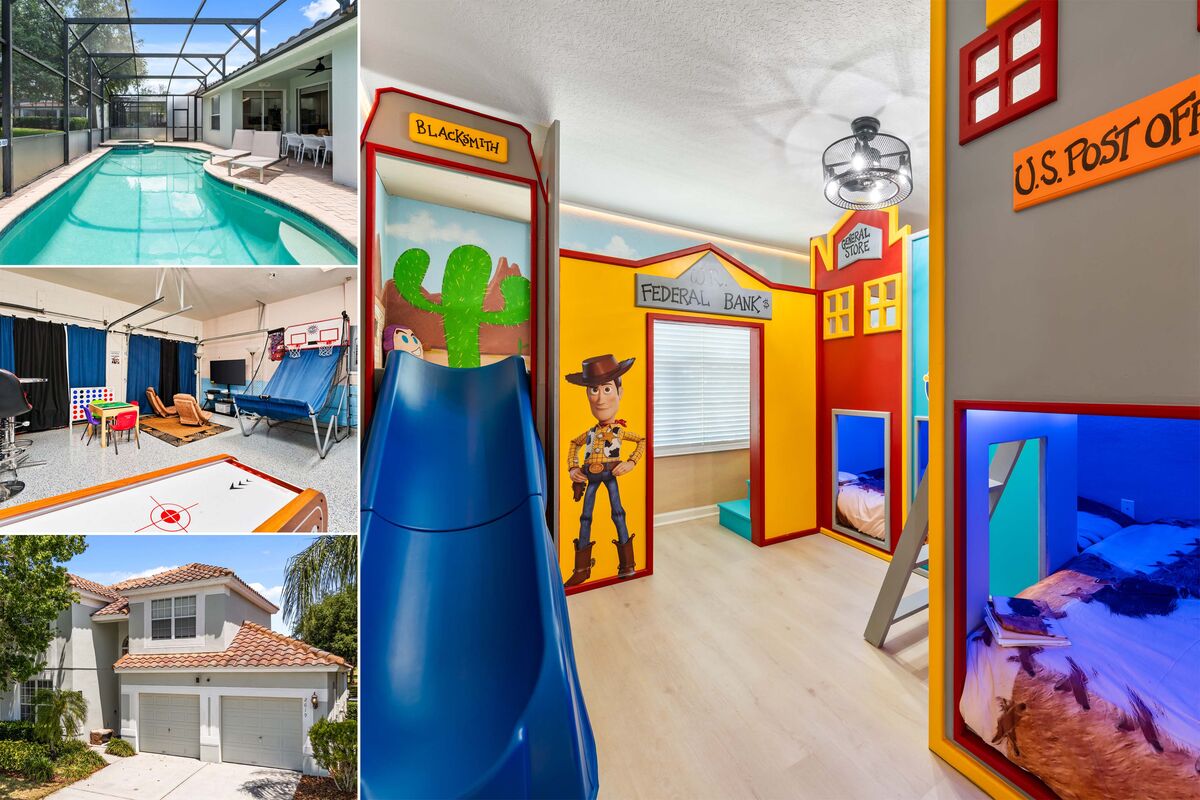 A collage showcases the property's vibrant features, including a screened-in private pool with outdoor furniture, an entertainment area with a pop-a-shot basketball game and a slide, and the colorful themed children's rooms adorned with murals. The exterior displays a welcoming two-story house.