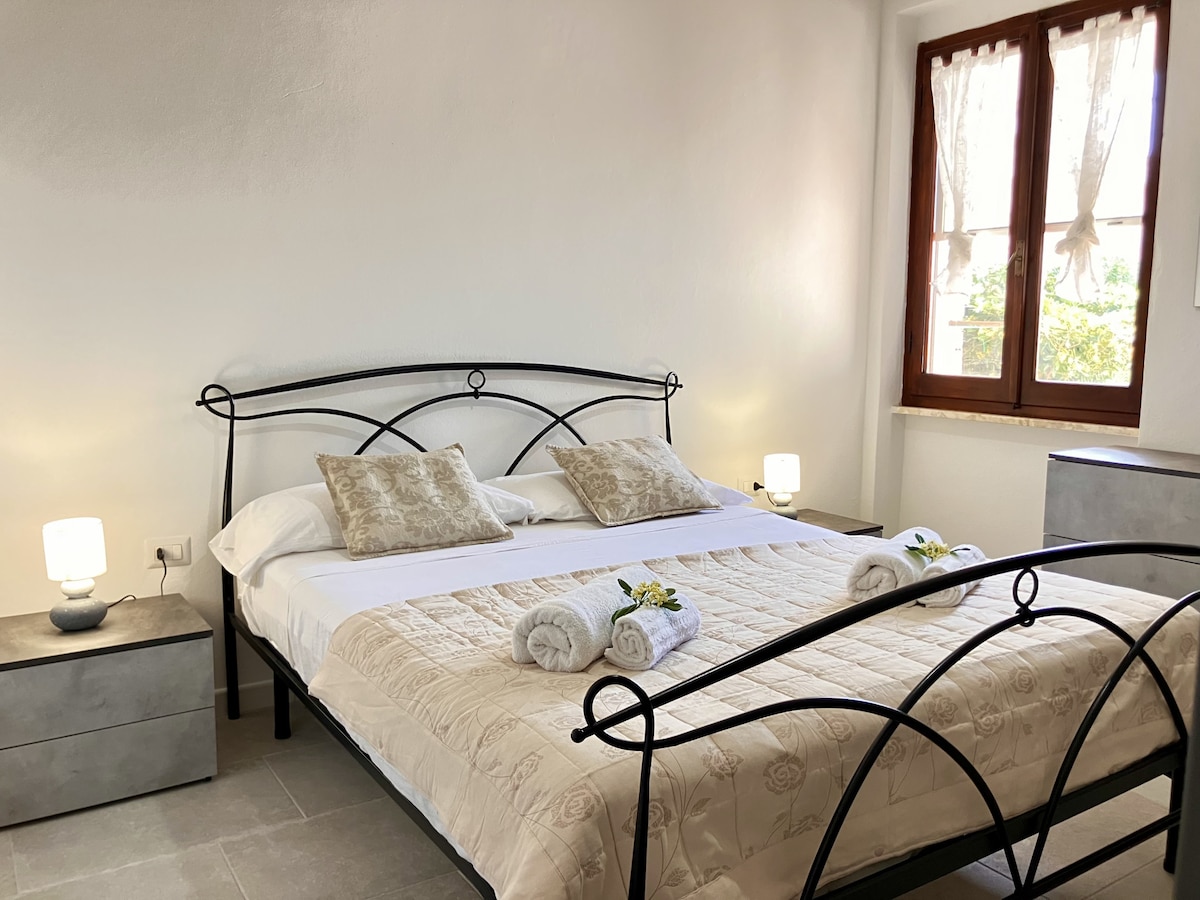 海景卧室，配备大双人床、空调和大衣柜