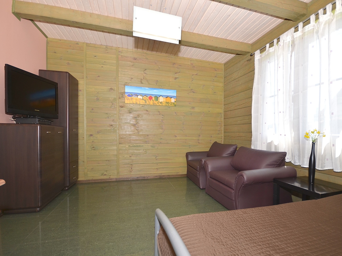 The interior space features wooden paneling and a ceiling with exposed beams. Two brown armchairs are positioned beside a small black table. A television is mounted on the wall next to a piece of artwork. Light from the window filters through sheer curtains.
