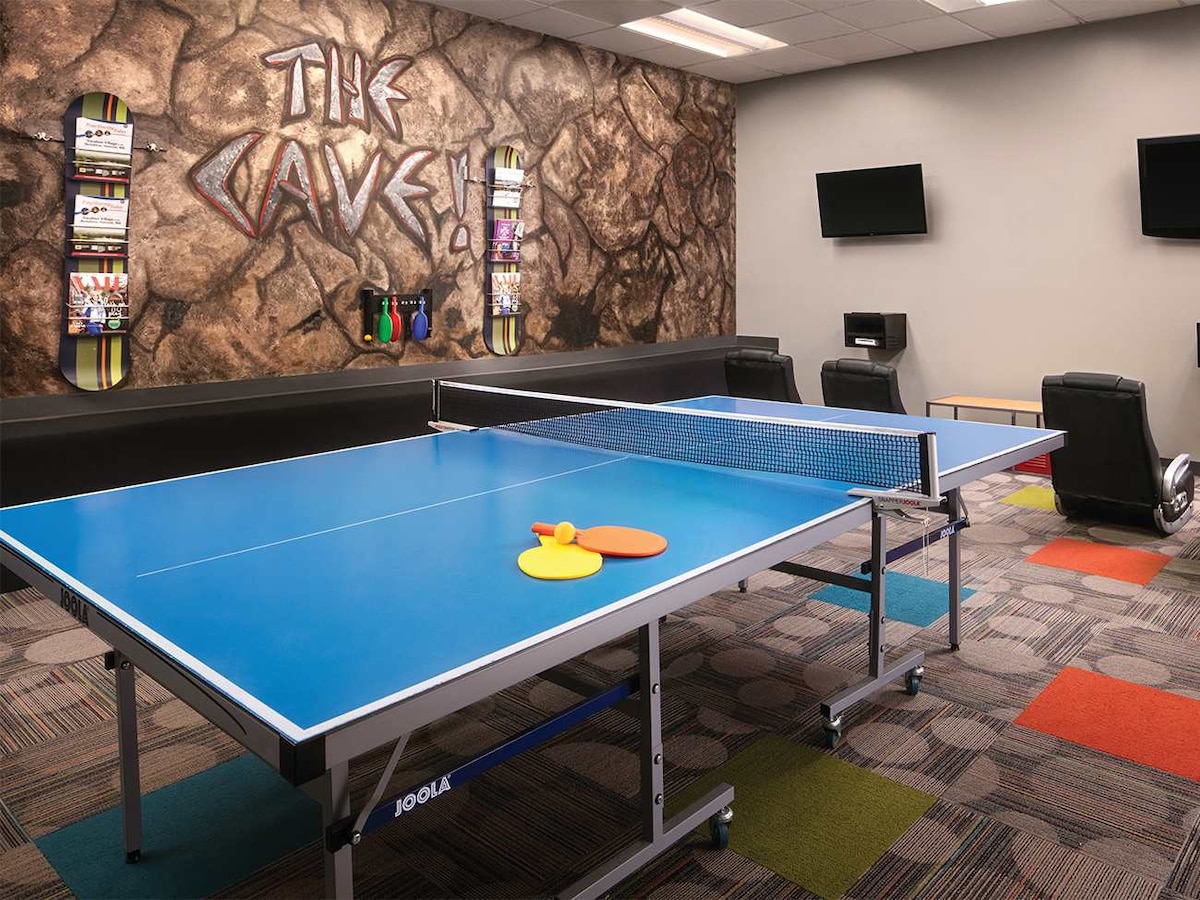An indoor game room is featured, showcasing a blue table tennis table with paddles and balls set on it. Colorful wall art depicting a cave theme adds a playful backdrop. Comfortable seating can be seen against the wall, along with two flat-screen televisions mounted above.