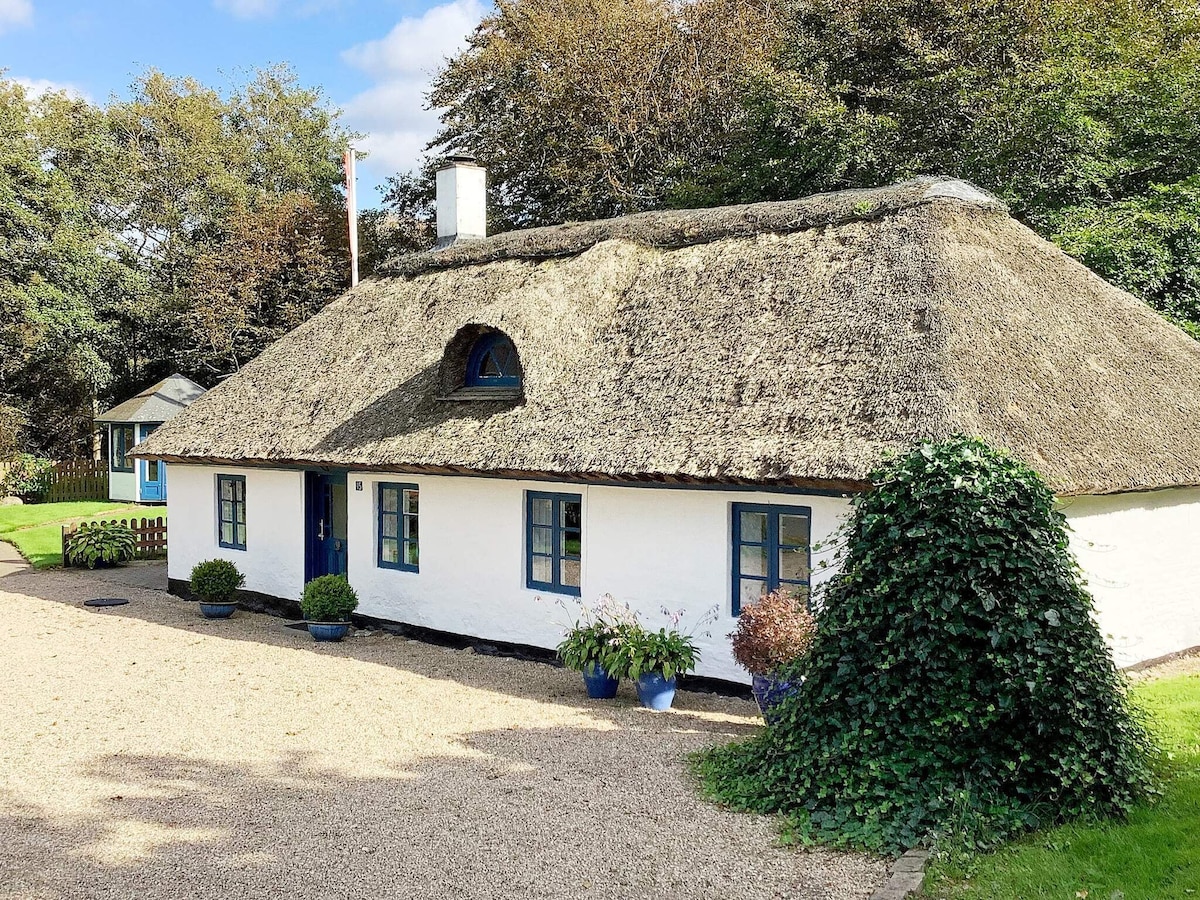 A charming holiday home features a traditional thatched roof and a white exterior, complemented by blue trim and window frames. Flower pots adorn the entrance, creating a welcoming atmosphere. Surrounding greenery and trees can be seen in the background, enhancing the cottage's picturesque setting.