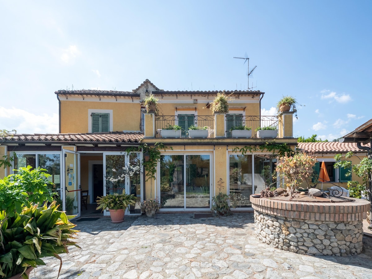 A spacious holiday home exterior is displayed, featuring large glass doors and a charming stone patio. Planters with greenery adorn the upper terrace, which is accessible from the second floor. The surrounding garden area contributes to a serene outdoor ambiance.