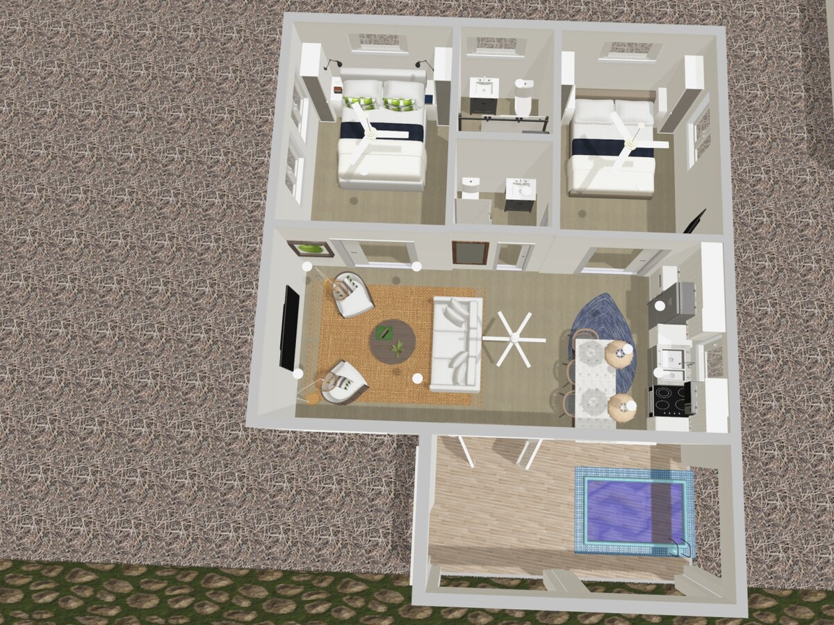 An overhead view of a compact living space is depicted. It features a layout with three distinct rooms, including sleeping areas with spacious beds. A central living area is visible, showcasing a rug, two chairs, and a coffee table. A kitchen area with modern appliances is present, alongside a small outdoor space containing a pool.