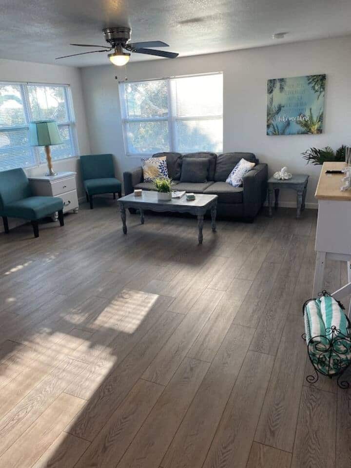 Ფართო საცხოვრებელი სივრცე გასაშლელი დივნით. 