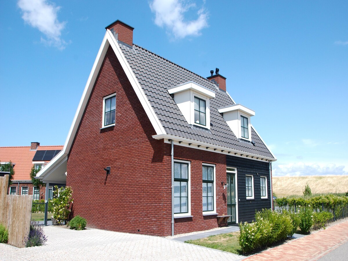 A traditional Zeeland-style villa is showcased, featuring a combination of red brick and dark wooden accents. The structure has a distinct pitched roof and symmetrical windows, surrounded by well-maintained greenery and a pebbled pathway leading to the entrance. Blue skies enhance the overall appearance.