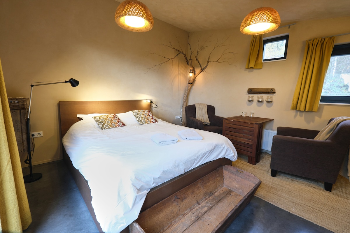 A cozy sleeping area features a spacious bed with light bedding and patterned cushions. Warm yellow curtains frame the windows, complemented by earthy tones on the walls. A wooden bedside table and comfortable armchairs are present, enhancing the tranquil ambiance of the room.