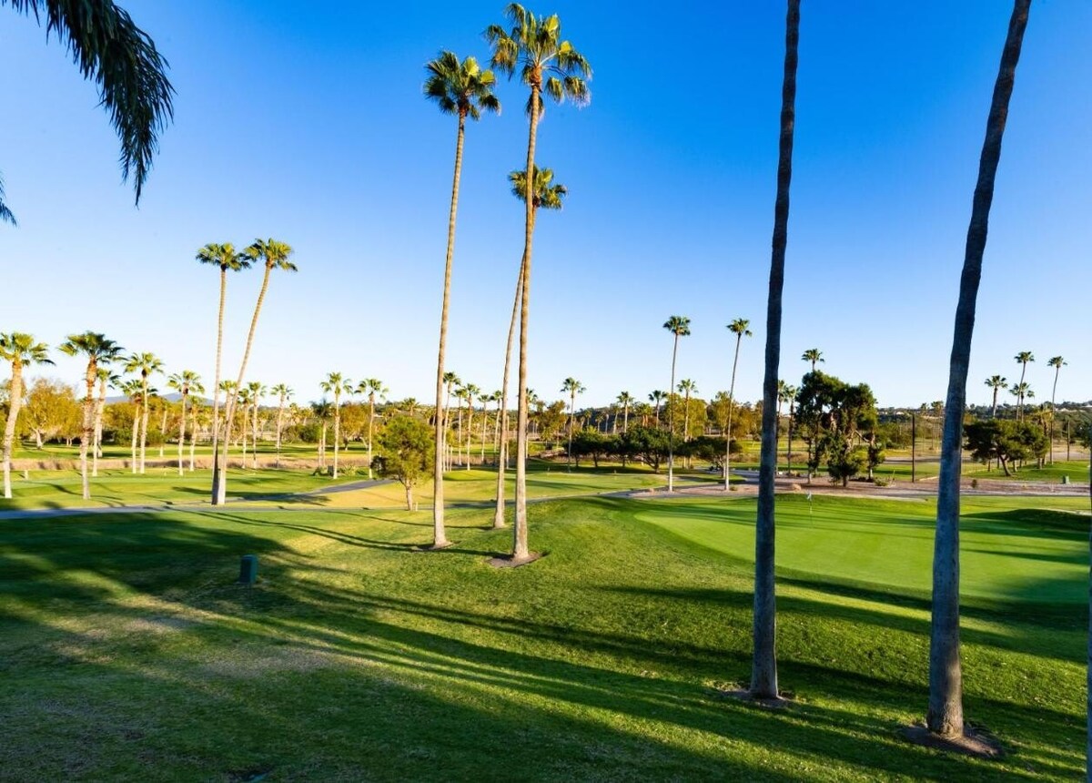 The image captures a scenic view of a golf course surrounded by tall palm trees. Lush green grass extends across the landscape, with the backdrop showing clear blue skies and shadows cast by the trees, contributing to a serene outdoor atmosphere.