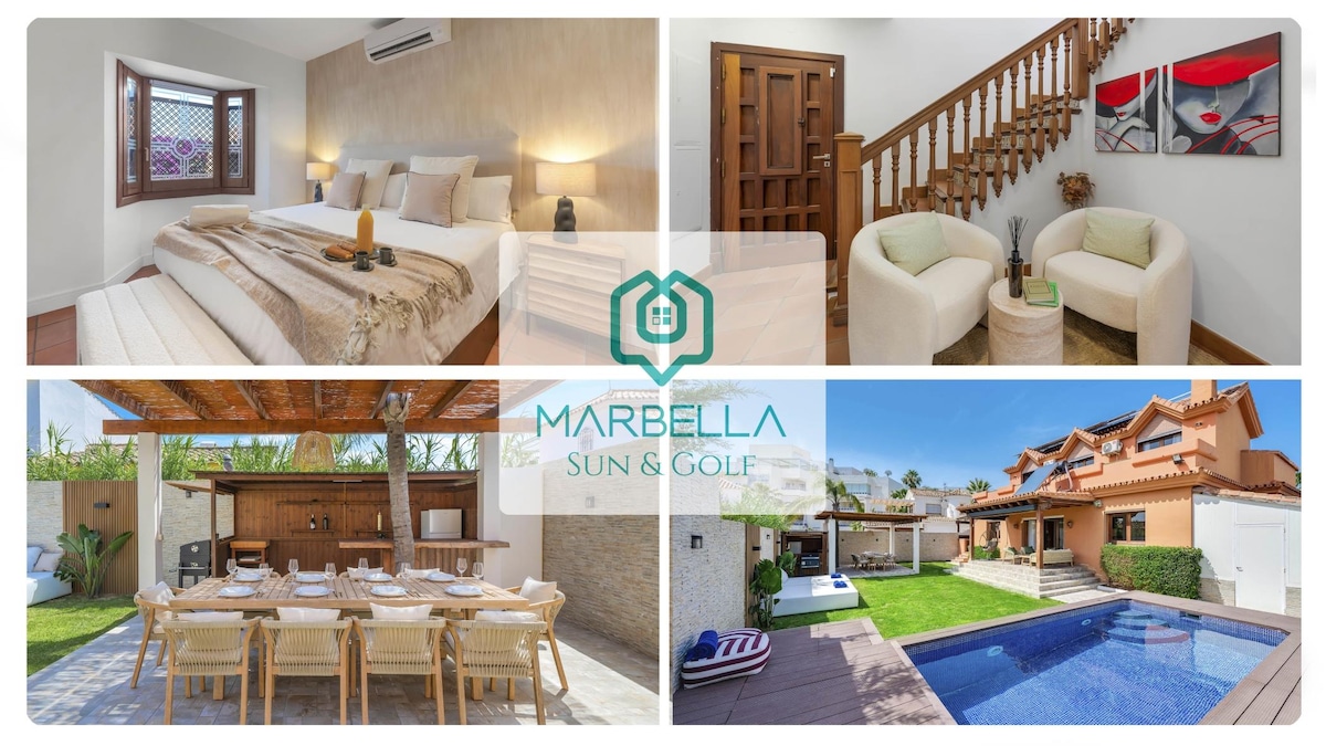 The image displays a spacious bedroom featuring a neutral color palette, twin beds with soft linens, and natural light from a nearby window. A modern living space with two inviting armchairs is seen. Additionally, an outdoor dining area is visible, equipped with a long table and a refreshing pool.