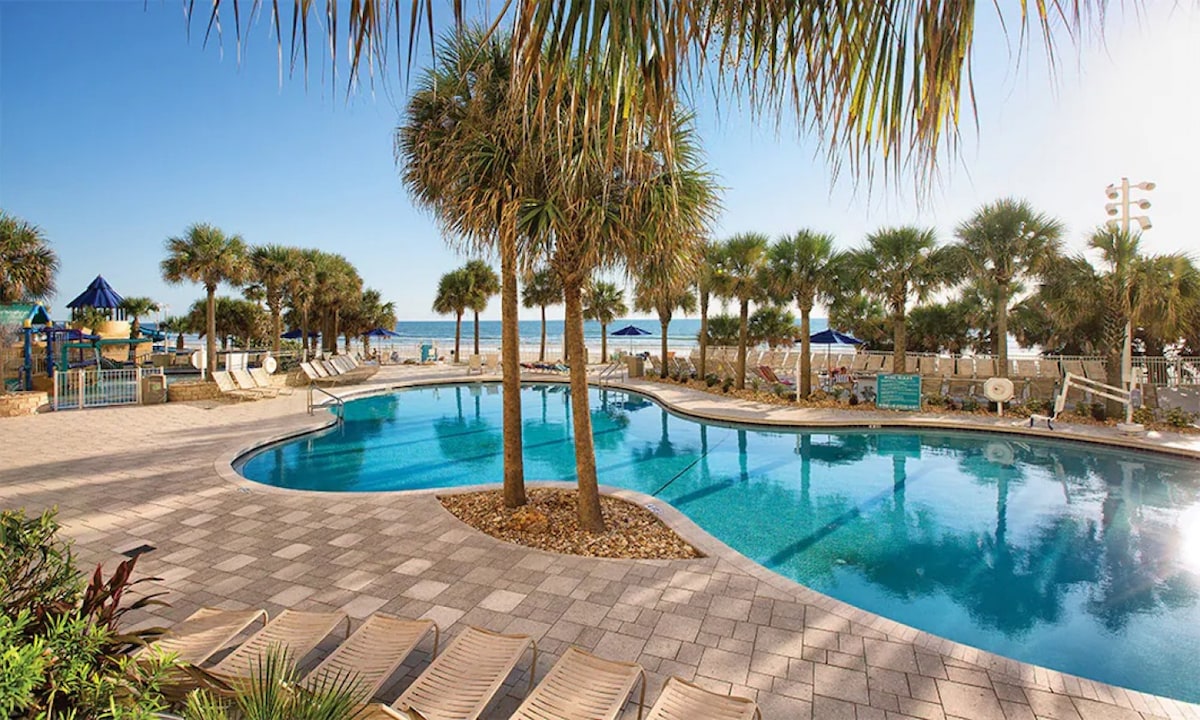 A shimmering pool is surrounded by palm trees and lounge chairs, providing a relaxing retreat. The beach is visible in the background, offering a seamless connection to the outdoor setting. Clear blue skies reflect over the water, creating a serene environment.