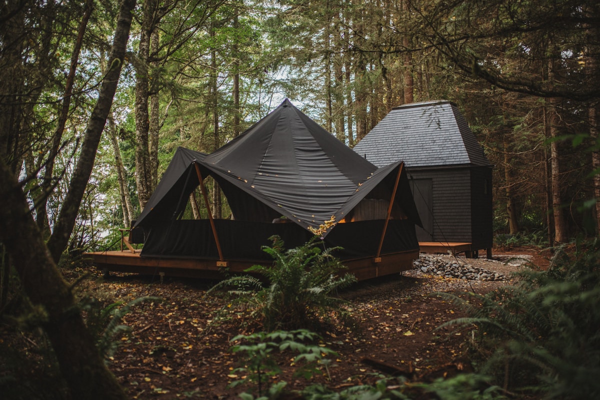 A private basecamp is set within a forested area, featuring a distinctive black canvas tent with a sharp peak and a wooden deck. A sleek cedar bathhouse with a sloped roof stands nearby, surrounded by lush greenery and a natural landscape of ferns and trees.