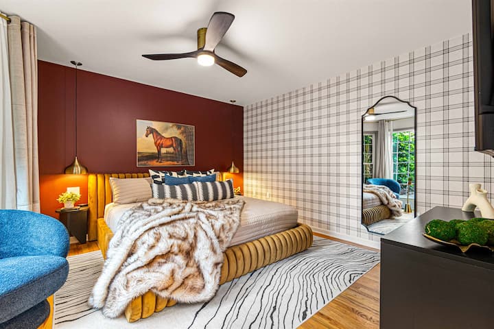 Each room is professionally designed with cozy bedding, ceiling fans, blackout curtains, sleep machines, ear plugs, and convenient charging stations—ensuring restful nights and a comfortable stay for everyone.