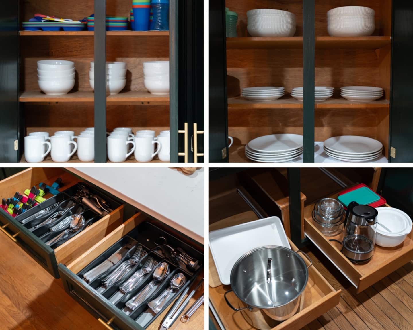Kitchen drawer storage with dishware and utensils