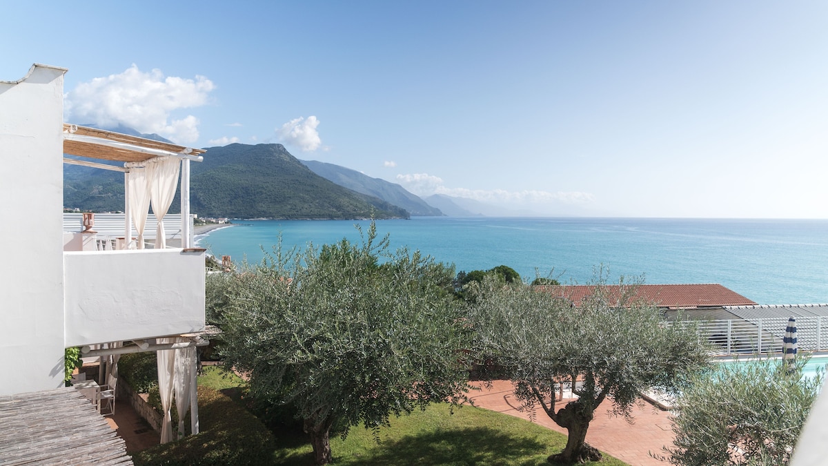 A panoramic view reveals the serene blue coastline alongside lush greenery, including olive trees. The tranquil sea stretches towards the horizon, while distant mountains add depth to the landscape. A swimming pool is visible in the foreground, enhancing the sense of relaxation.