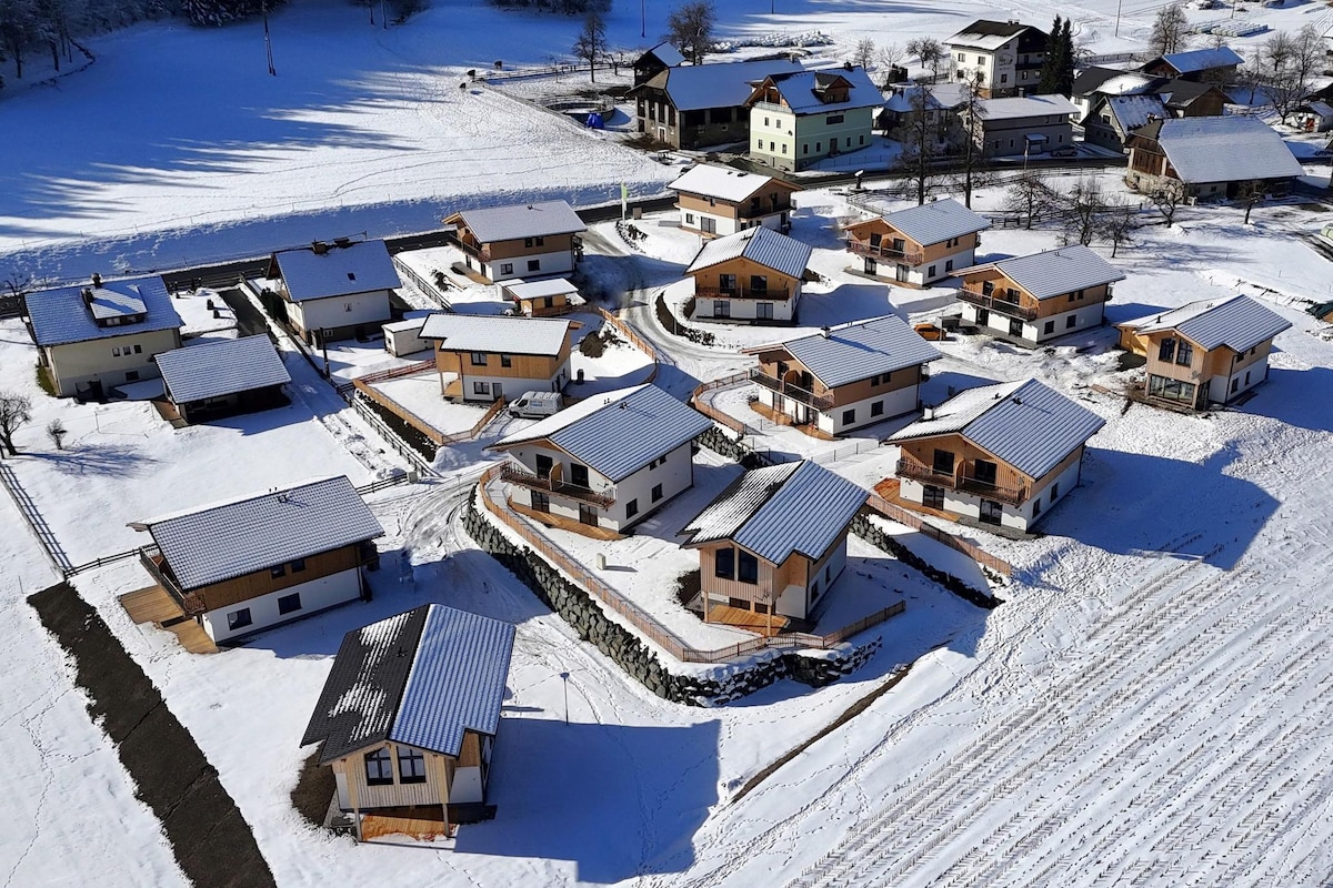 An aerial view of a charming chalet village blanketed in snow displays multiple modern chalets with sloped roofs. The surrounding landscape features undulating terrain and snow-covered fields, creating a serene winter setting. Snow-laden trees can be seen in the background, contributing to the picturesque scene.