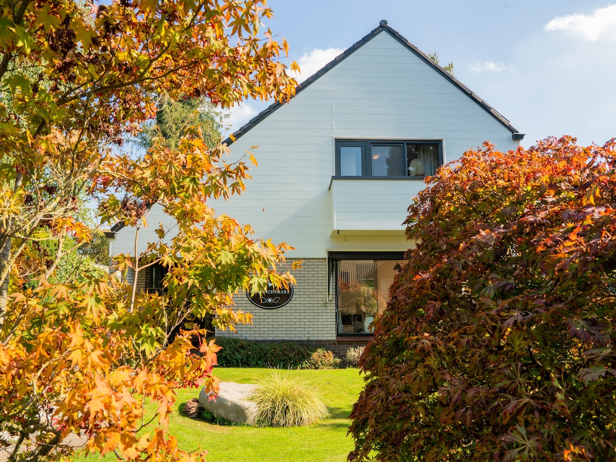 A spacious villa exterior is framed by vibrant autumn foliage, showcasing warm orange and red leaves. The structure's clean lines and large windows invite natural light, while a well-maintained lawn and stone features enhance the inviting atmosphere.