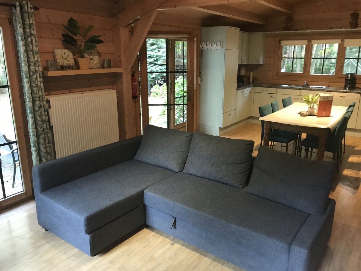 A spacious living area features a grey sectional sofa, positioned comfortably to invite relaxation. The well-lit open kitchen is visible in the background, while a dining table with six chairs is set nearby. Large windows provide views of the surrounding nature.