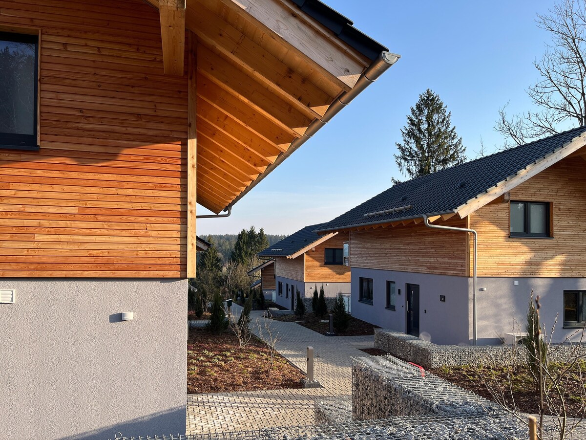 The image shows a modern chalet complex with wooden and gray exteriors. The architectural style features sloping roofs and large windows. A paved pathway leads through landscaped grounds, bordered by patches of vegetation, providing access to the chalets under a clear blue sky.