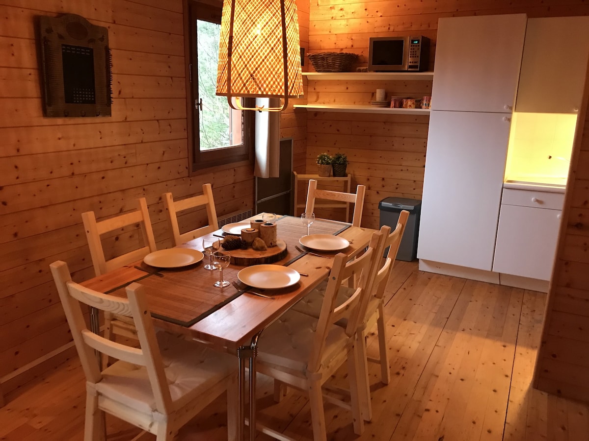 A light wood dining area is arranged with a rectangular table and six chairs. A woven pendant light hangs above, adding warmth. An open kitchen with white cabinetry and a microwave is visible in the background, complemented by a shelf displaying decor and utensils.