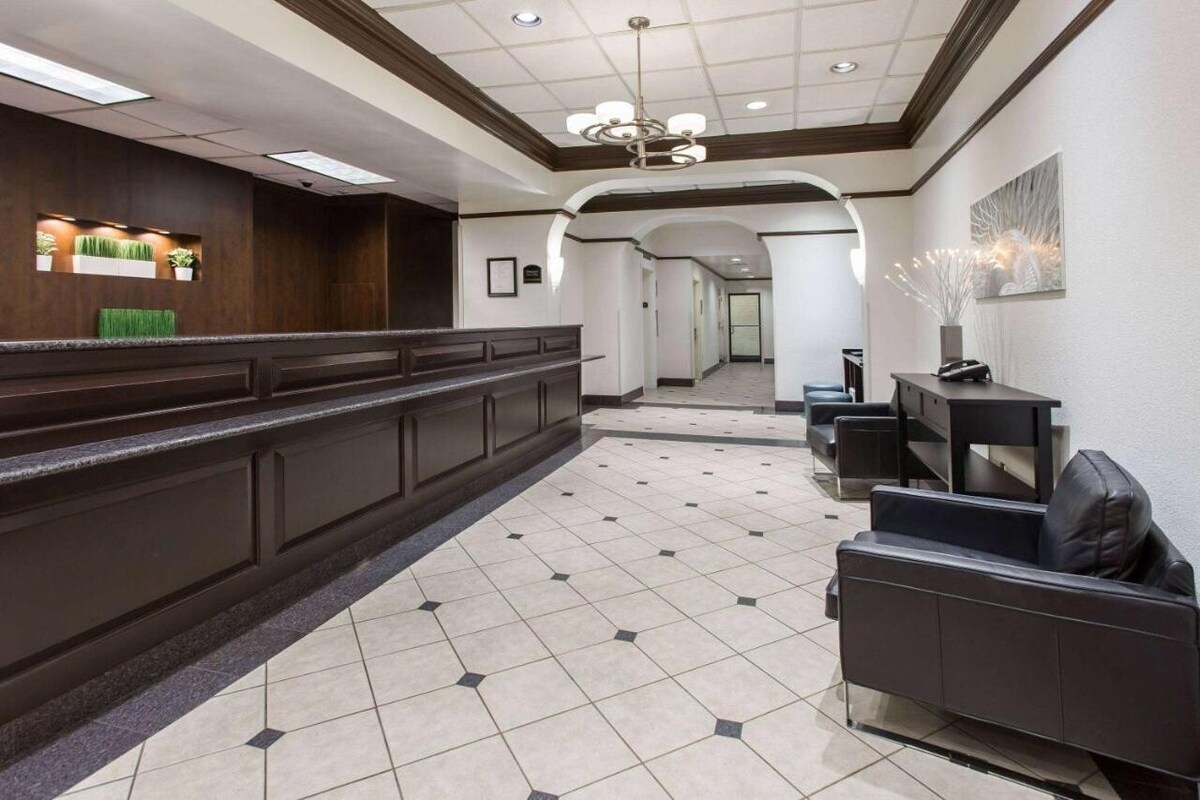 The reception area is characterized by a long, dark wooden front desk with a subtle green accent. Two black leather chairs are positioned next to a sleek console table. The flooring features a light tiled pattern, complemented by overhead lighting and decorative wall features.