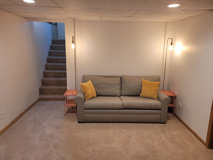 SALA DE ESTAR #2:  La cómoda y acogedora sala de estar del sótano con un sofá cama para ver la televisión