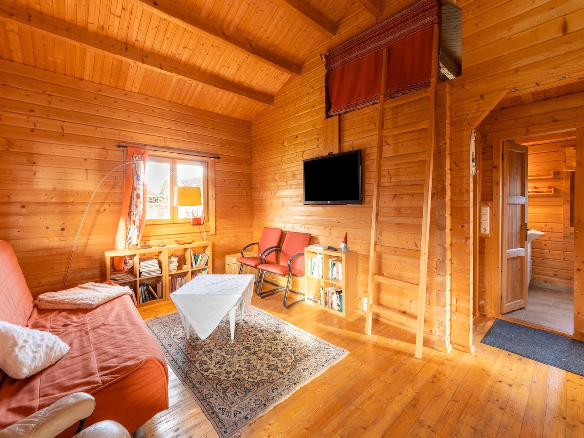A wooden interior features a combination of orange and natural wood tones. A sofa and two chairs provide seating around a white coffee table. A wall-mounted television is present, along with a bookshelf filled with books, and a doorway leads to the bathroom.