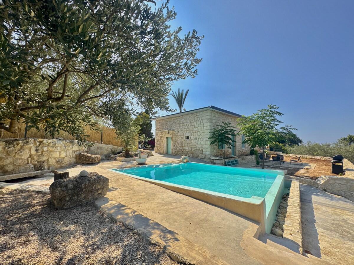 A serene outdoor area is highlighted by a private pool surrounded by stone and gravel pathways. Olive trees provide shade, while a sunlit stone house stands in the background. A barbecue grill is visible, enhancing the outdoor experience.